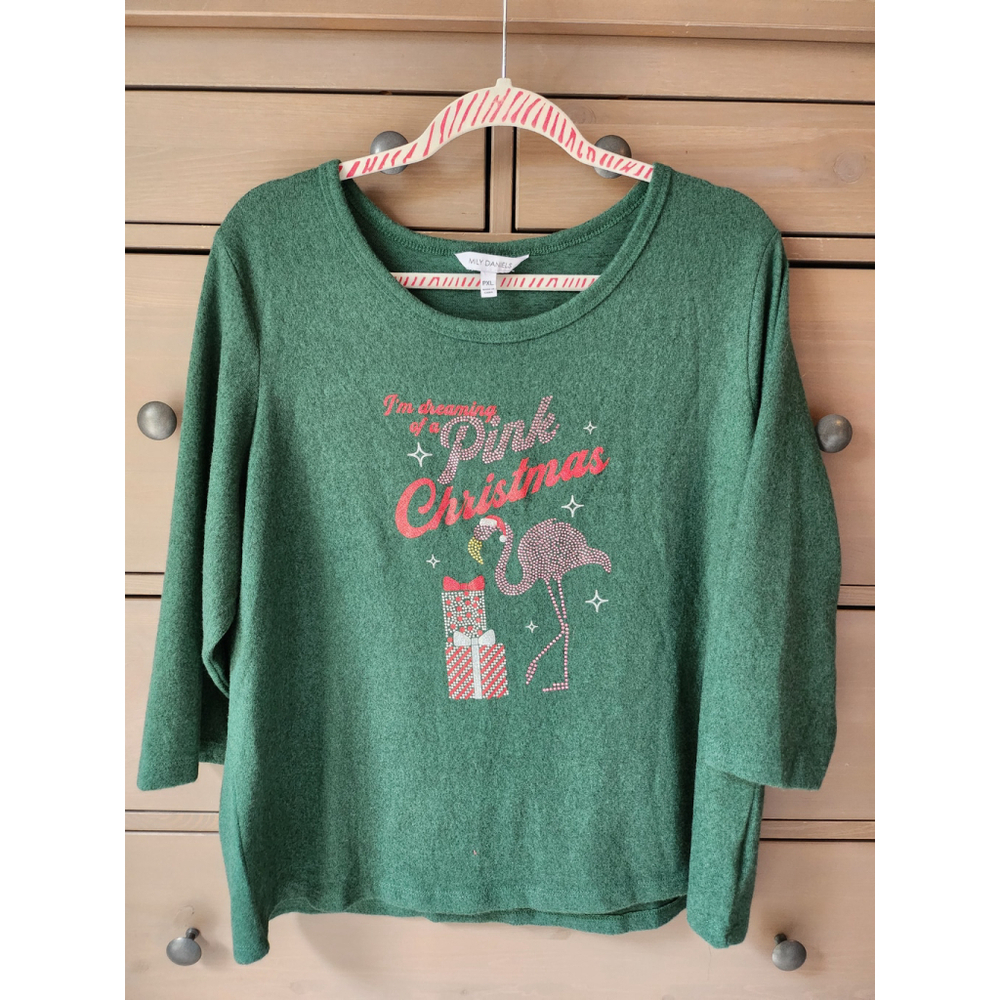 Pink Flamingo Christmas fleece top Size PXL Green long-sleeved